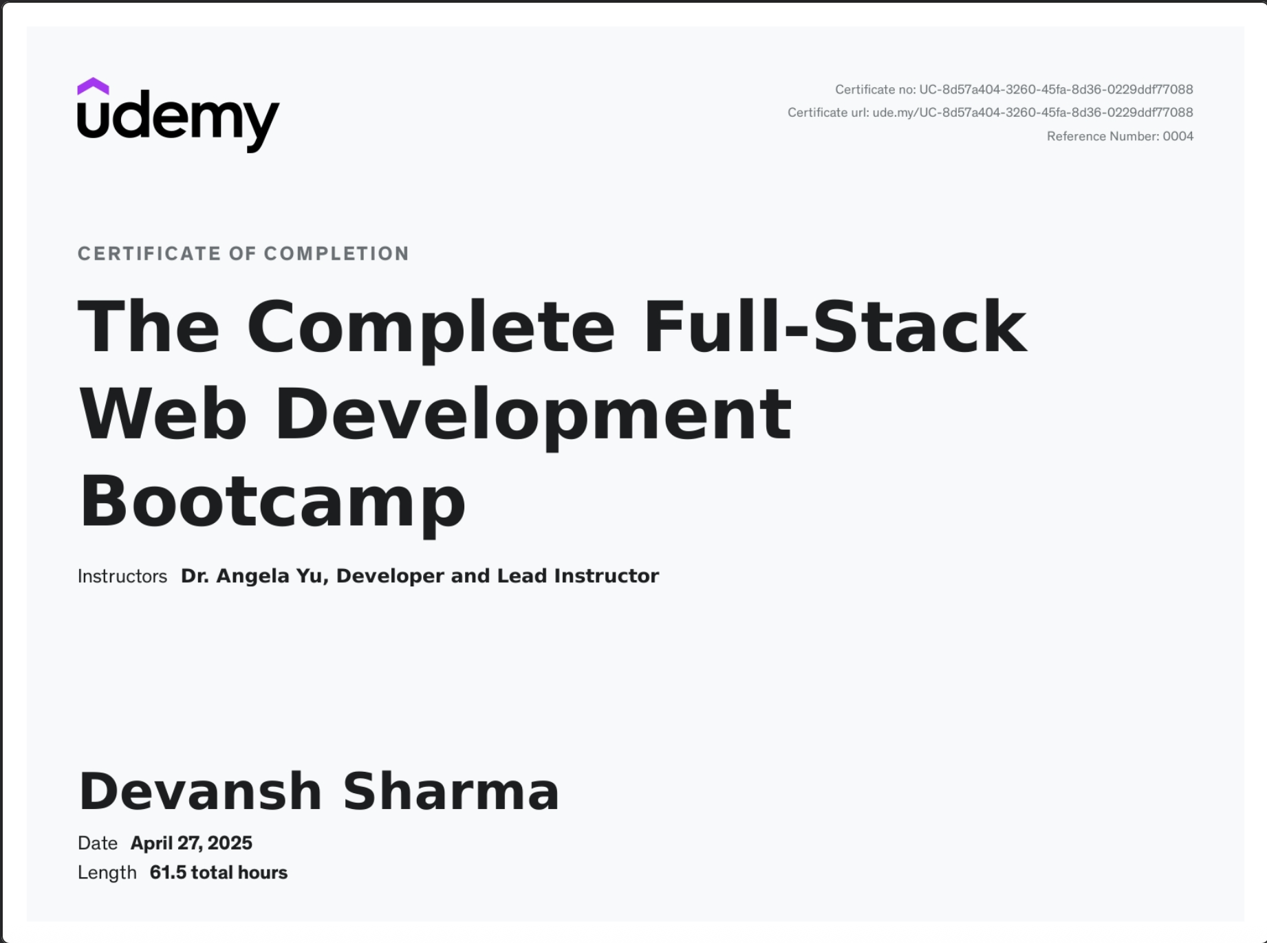 Udemy Web Development Certificate